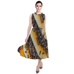Yellow And Black Bees On Brown And Black Round Neck Boho Dress by Ndabl3x