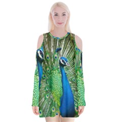 Peafowl Peacock Velvet Long Sleeve Shoulder Cutout Dress by Sarkoni