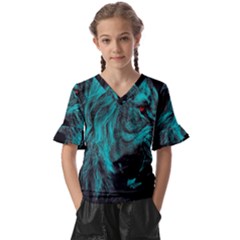 Angry Male Lion Predator Carnivore Kids  V-neck Horn Sleeve Blouse by Ndabl3x