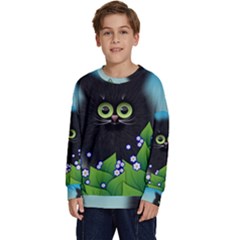 Kitten Black Furry Illustration Kids  Crewneck Sweatshirt by Sarkoni
