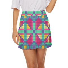 Checkerboard Squares Abstract Texture Patterns Mini Front Wrap Skirt by Apen
