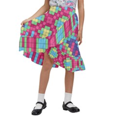 Checkerboard Squares Abstract Texture Pattern Kids  Ruffle Flared Wrap Midi Skirt by Apen