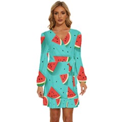 Watermelon Fruit Slice Long Sleeve Waist Tie Ruffle Velvet Dress by Bedest