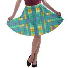 Checkerboard Squares Abstract Art A-line Skater Skirt by Ravend