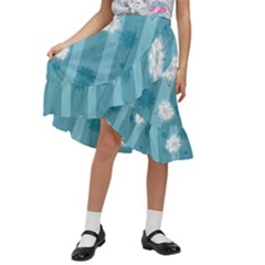 Gardenia Flowers White Blue Kids  Ruffle Flared Wrap Midi Skirt by Ravend