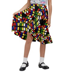 Graphic Pattern Rubiks Cube Cubes Kids  Ruffle Flared Wrap Midi Skirt by Ravend