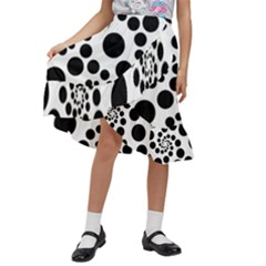 Dot Dots Round Black And White Kids  Ruffle Flared Wrap Midi Skirt by Ravend