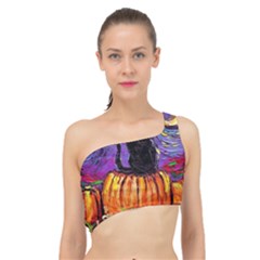 Halloween Art Starry Night Hallows Eve Black Cat Pumpkin Spliced Up Bikini Top  by Modalart