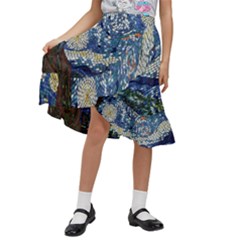 Mosaic Art Vincent Van Gogh Starry Night Kids  Ruffle Flared Wrap Midi Skirt by Modalart
