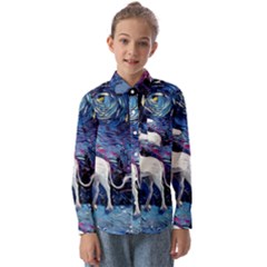 Unicorn Starry Night Print Van Gogh Kids  Long Sleeve Shirt by Modalart