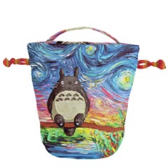Totoro Starry Night Art Van Gogh Parody Drawstring Bucket Bag by Modalart