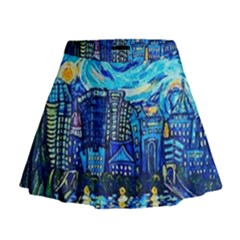 Starry Night Van Gogh Painting Art City Scape Mini Flare Skirt by Modalart