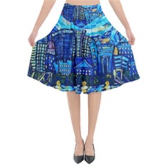 Starry Night Van Gogh Painting Art City Scape Flared Midi Skirt by Modalart