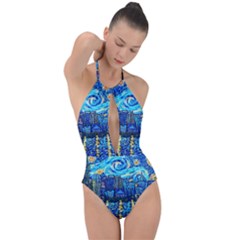 Starry Night Van Gogh Painting Art City Scape Plunge Cut Halter Swimsuit by Modalart