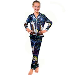 Cartoon Art Starry Night Van Gogh Kids  Satin Long Sleeve Pajamas Set by Modalart