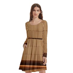 Architecture Art Boxes Brown Long Sleeve Knee Length Skater Dress With Pockets by Amaryn4rt