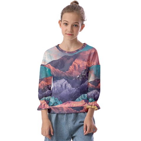Adventure Psychedelic Mountain Kids  Cuff Sleeve Top by Modalart