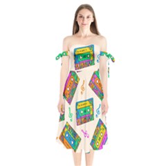 Seamless Pattern With Colorful Cassettes Hippie Style Doodle Musical Texture Wrapping Fabric Vector Shoulder Tie Bardot Midi Dress by Bedest