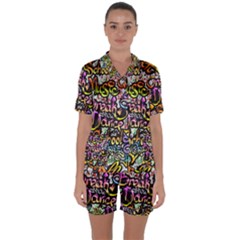 Graffiti Word Seamless Pattern Satin Short Sleeve Pajamas Set by Bedest
