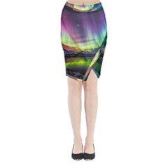 Aurora Borealis Polar Northern Lights Natural Phenomenon North Night Mountains Midi Wrap Pencil Skirt by Pakjumat