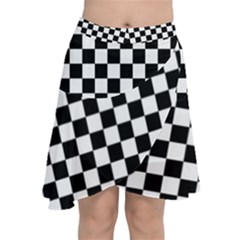 Black White Checker Pattern Checkerboard Chiffon Wrap Front Skirt by Pakjumat