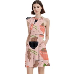 Japanese Street Food Soba Noodle In Bowl Cocktail Party Halter Sleeveless Dress With Pockets by Pakjumat
