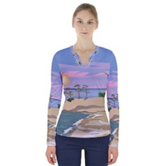 Vacation Island Sunset Sunrise V-neck Long Sleeve Top by Sarkoni