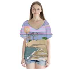 Vacation Island Sunset Sunrise V-neck Flutter Sleeve Top by Sarkoni