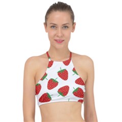 Seamless Pattern Fresh Strawberry Halter Bikini Top by Sarkoni