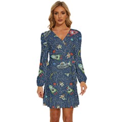 Cat Cosmos Cosmonaut Rocket Long Sleeve Waist Tie Ruffle Velvet Dress by Grandong