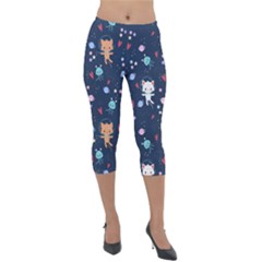 Cute Astronaut Cat With Star Galaxy Elements Seamless Pattern Lightweight Velour Capri Leggings  by Grandong