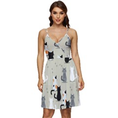 Cute Cat Seamless Pattern V-neck Pocket Summer Dress  by Apen