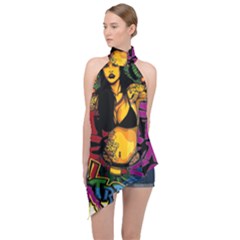 Xtreme Skateboard Graffiti Halter Asymmetric Satin Top by Sarkoni