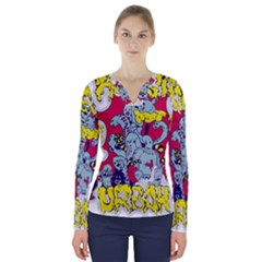 Fresh Urban Cartoon Monster Illustration Cartoon Character Text V-neck Long Sleeve Top by Sarkoni