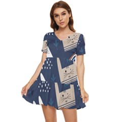 Colorful Cute Cats Seamless Pattern Tiered Short Sleeve Babydoll Dress by Bedest