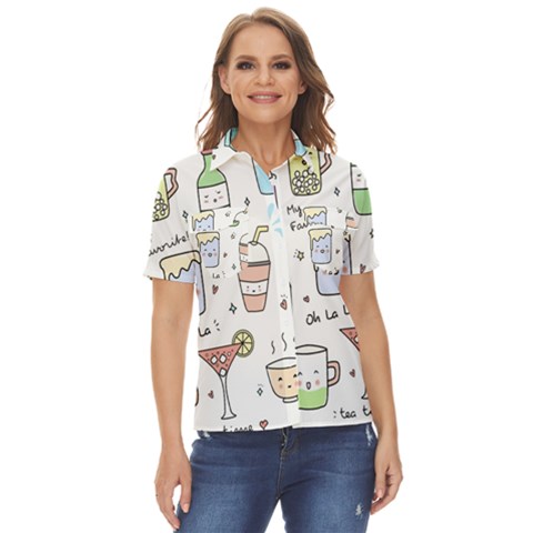Drinks Cocktails Doodles Coffee Women s Short Sleeve Double Pocket Shirt by Apen