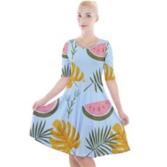 Watermelon Leaves Fruit Foliage Quarter Sleeve A-line Dress by Apen