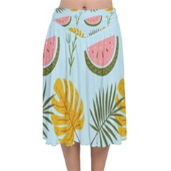 Watermelon Leaves Fruit Foliage Velvet Flared Midi Skirt by Apen