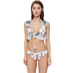 Nautical Elements Pattern Background Low Cut Ruffle Edge Bikini Set by Grandong