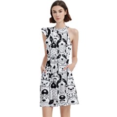 Seamless Pattern With Black White Doodle Dogs Cocktail Party Halter Sleeveless Dress With Pockets by Grandong