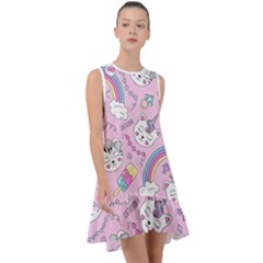 Beautiful Cute Animals Pattern Pink Frill Swing Dress by Grandong