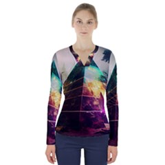 Tropical Forest Jungle Ar Colorful Midjourney Spectrum Trippy Psychedelic Nature Trees Pyramid V-neck Long Sleeve Top by Sarkoni