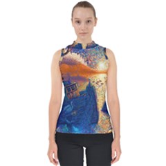 Digital Art Fantasy Impressionism Painting Ship Boat Psychedelic Peacock Mushroom Flamingos Hipwreck Mock Neck Shell Top by Sarkoni