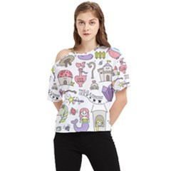 Fantasy Things Doodle Style Vector Illustration One Shoulder Cut Out T-shirt by Bedest
