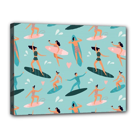 Beach Surfing Surfers With Surfboards Surfer Rides Wave Summer Outdoors Surfboards Seamless Pattern Canvas 16  X 12  (stretched) by Bedest
