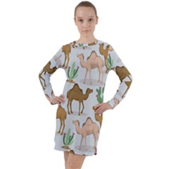 Camels Cactus Desert Pattern Long Sleeve Hoodie Dress by Hannah976