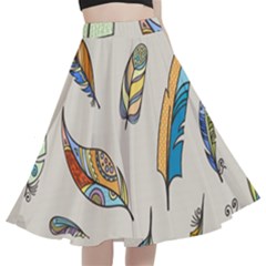 Vector Boho Doodle Feathers Seamless Pattern Illustration A-line Full Circle Midi Skirt With Pocket by Hannah976