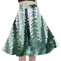 Tree Watercolor Painting Pine Forest A-line Full Circle Midi Skirt With Pocket by Hannah976