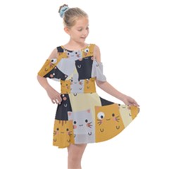 Seamless Pattern Cute Cat Cartoons Kids  Shoulder Cutout Chiffon Dress by Bedest