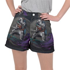 Illustration Astronaut Cosmonaut Paying Skateboard Sport Space With Astronaut Suit Women s Ripstop Shorts by Ndabl3x